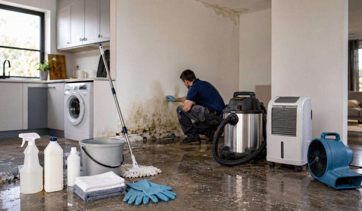 Produits et équipements utilisés après un dégât des eaux dans une maison humide avec nettoyage, désinfection, aspirateur à eau, déshumidificateur et ventilateur de séchage