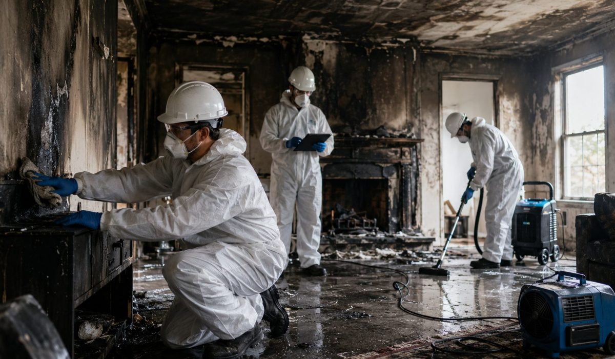 Équipe professionnelle en combinaison de protection nettoyant un logement endommagé par un incendie