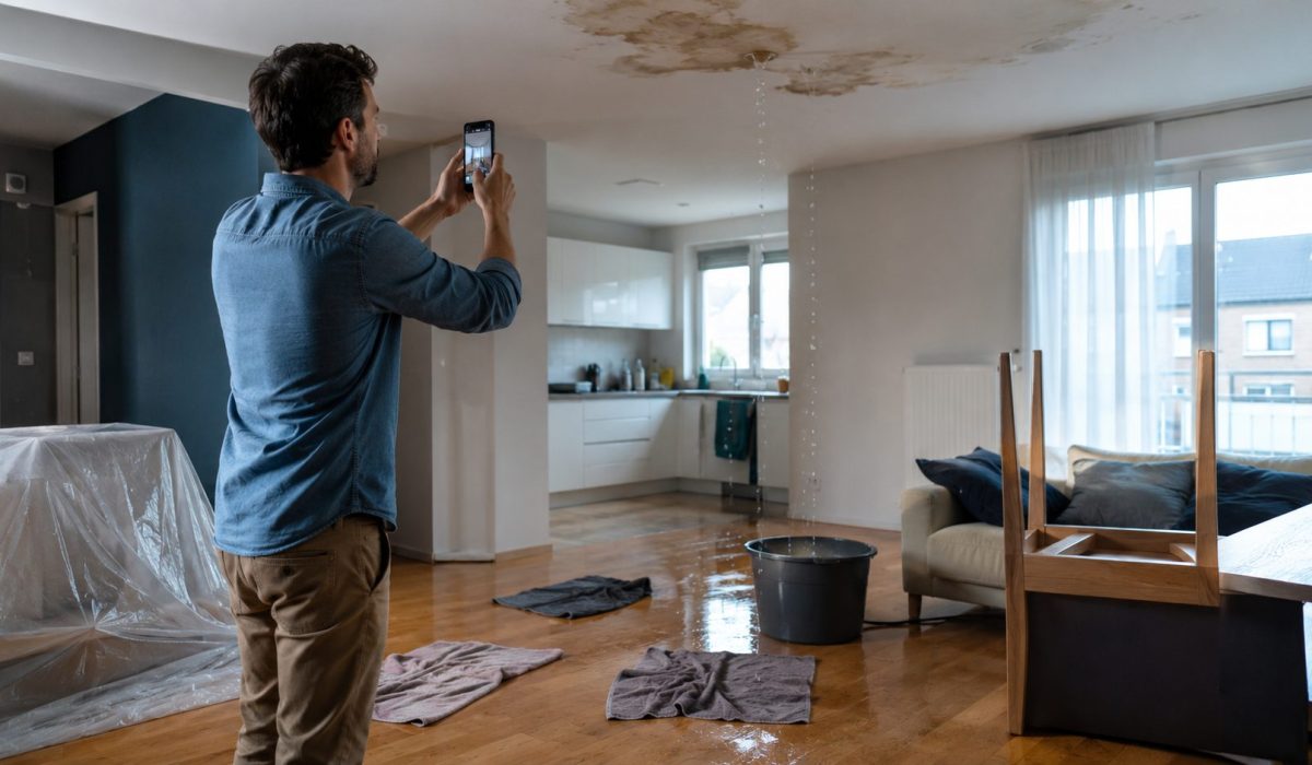 Homme prenant en photo un dégât des eaux dans un appartement avec fuite au plafond, seau au sol et meubles protégés.