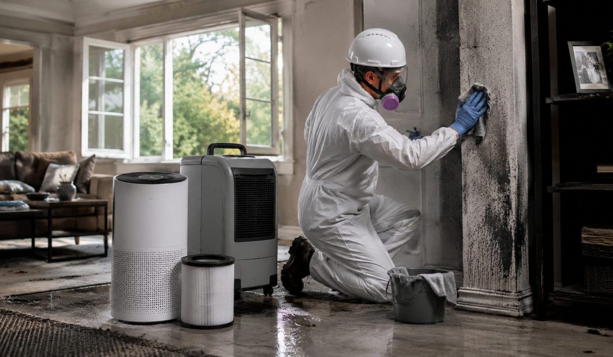 Technicien en combinaison de protection nettoyant la suie dans une maison après un incendie avec purificateur d’air et déshumidificateur