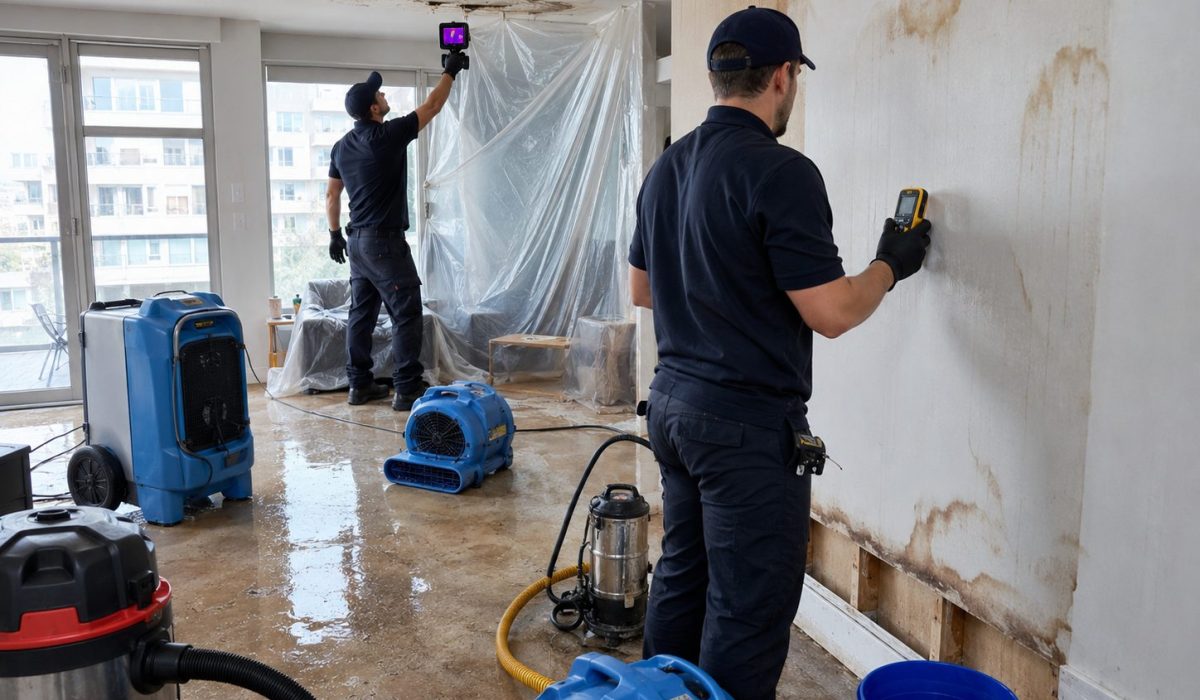 Techniciens utilisant un déshumidificateur, des ventilateurs et des appareils de mesure après un dégât des eaux dans un logement