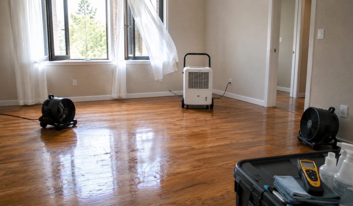 Assèchement d’un logement après un nettoyage après décès avec déshumidificateur, ventilateurs professionnels et contrôle de l’humidité