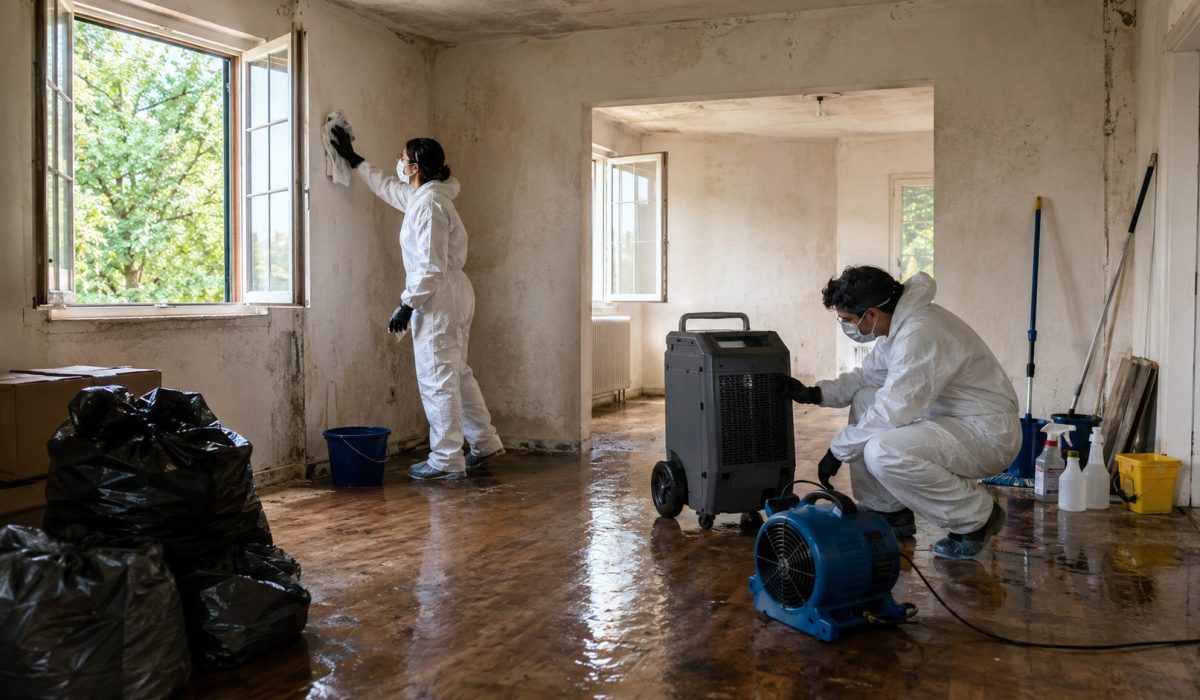 Assèchement d’un logement après le syndrome de Diogène avec déshumidificateur, ventilation et nettoyage professionnel