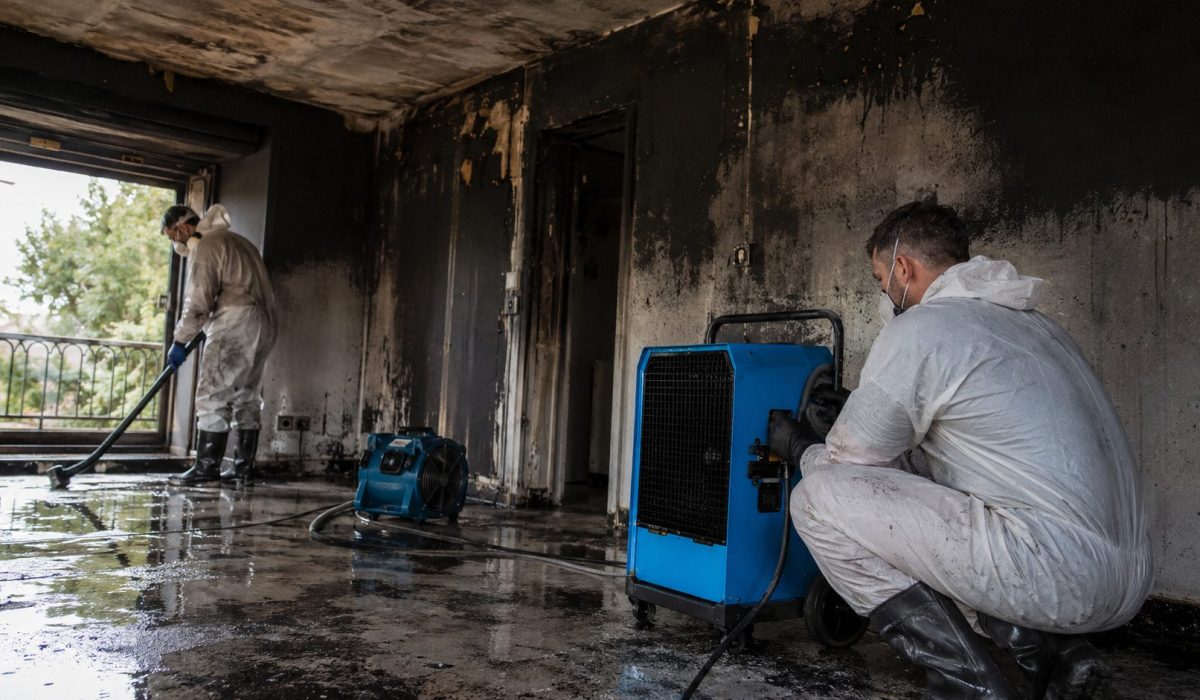 Professionnels asséchant un logement après un incendie avec déshumidificateur industriel et aspirateur à eau dans une pièce noircie par la fumée