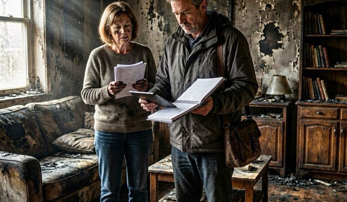 Expert en assurance inspectant une maison endommagée après un incendie avec un propriétaire tenant des documents