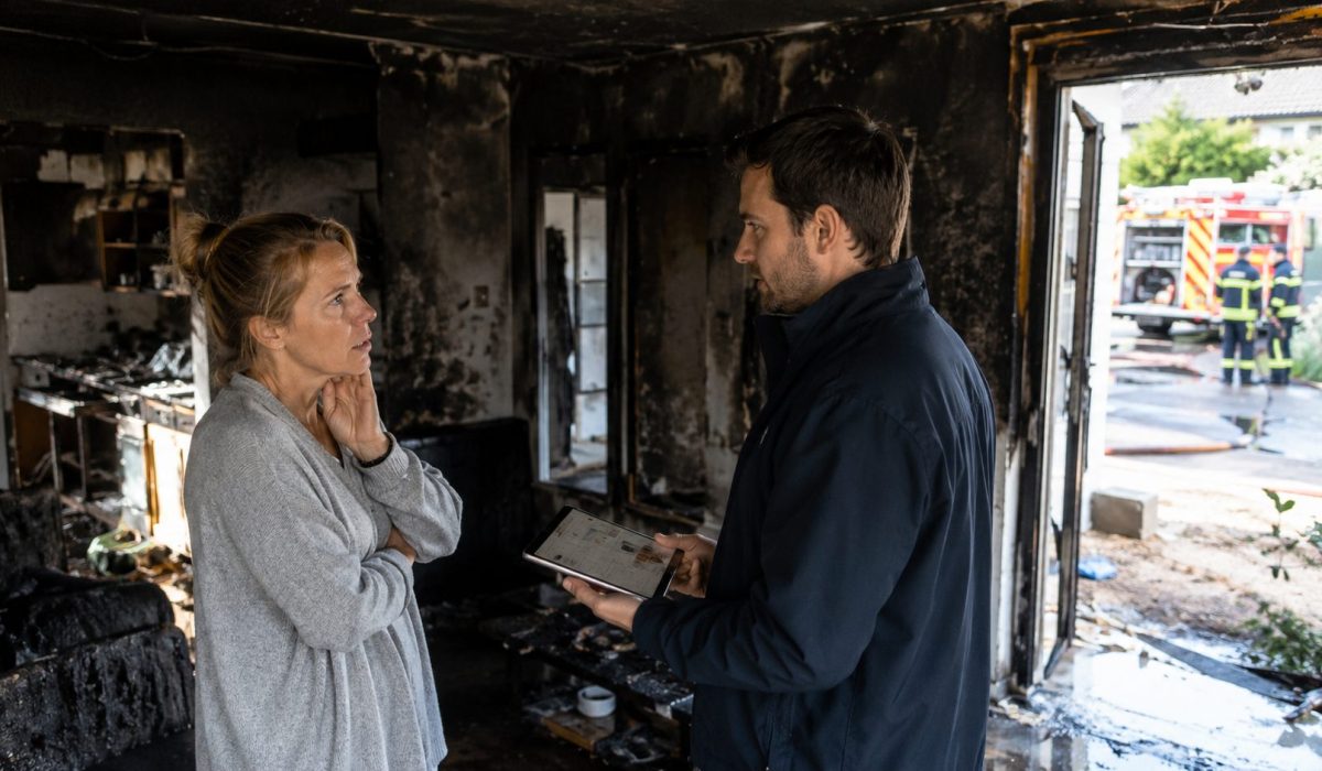 Expert d’assurance accompagnant une propriétaire dans un logement endommagé après un incendie