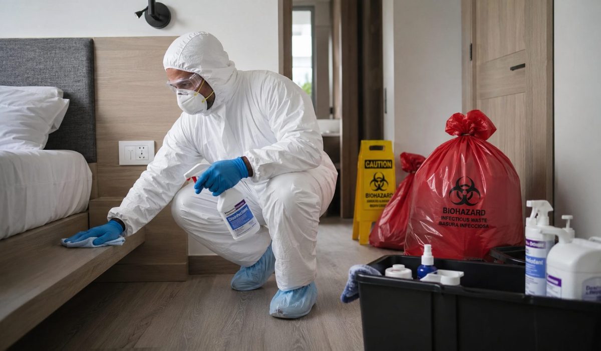 Technicien en combinaison de protection désinfectant une chambre après un décès pour éliminer les bactéries et sécuriser les lieux