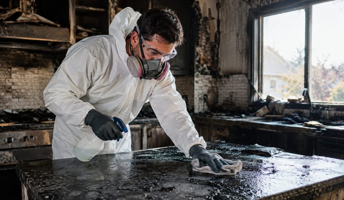 Technicien en combinaison de protection désinfectant une surface couverte de suie après un incendie