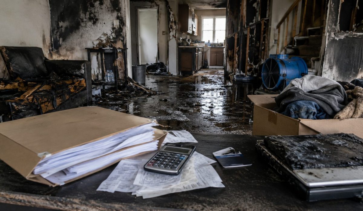 Intérieur de maison endommagé par un incendie avec documents d’assurance, reçus, calculatrice et objets personnels illustrant les coûts cachés après un sinistre.