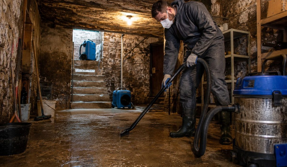 Technicien nettoyant une cave humide après un dégât des eaux avec un aspirateur à eau professionnel