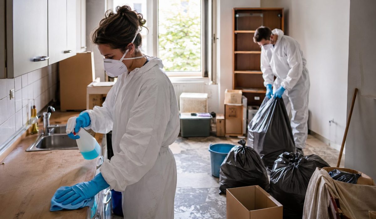 Techniciens en combinaison de protection réalisant la désinfection complète d’un logement encombré après un syndrome de Diogène