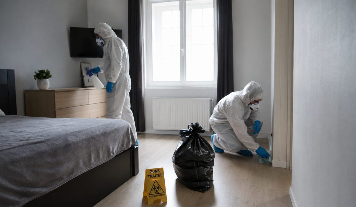 Techniciens en combinaison de protection réalisant une désinfection complète dans une chambre après un nettoyage après décès