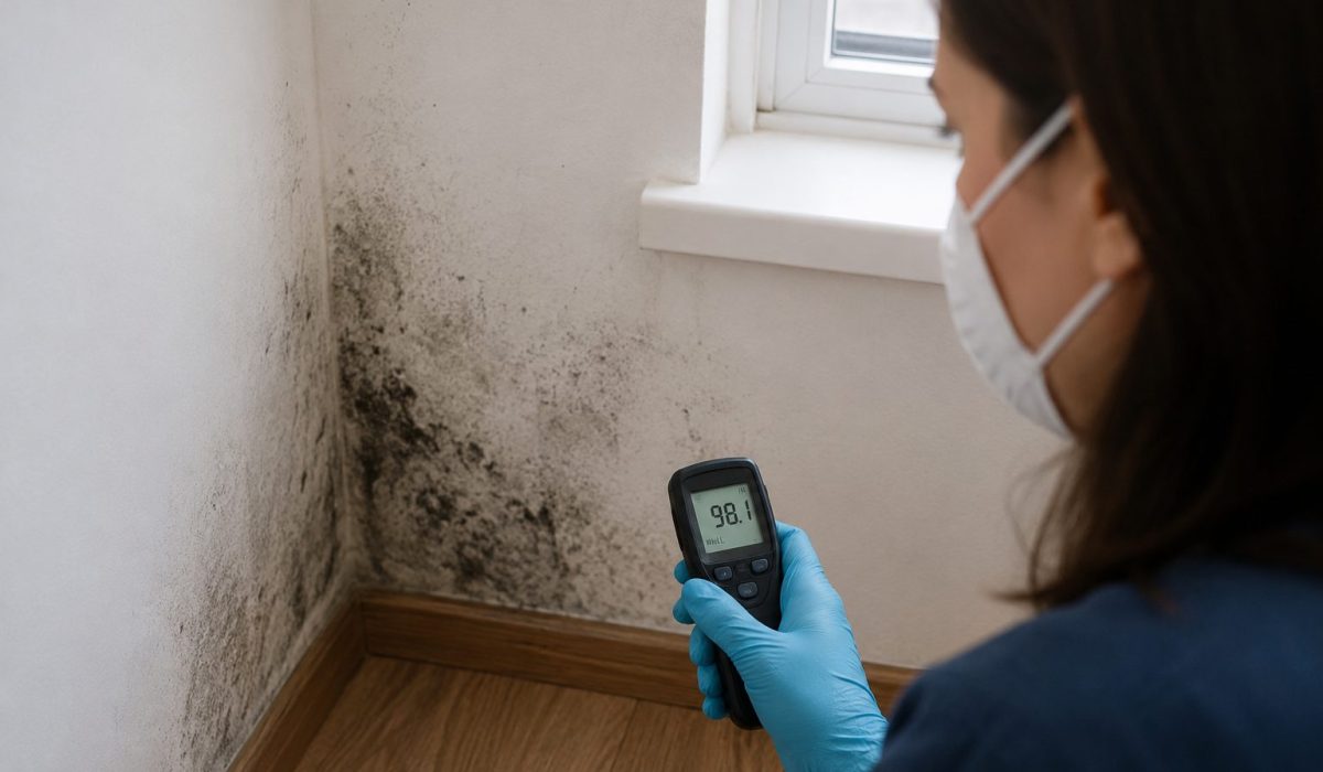 Personne équipée de gants et d’un masque contrôlant l’humidité d’un mur touché par des moisissures dans un logement.