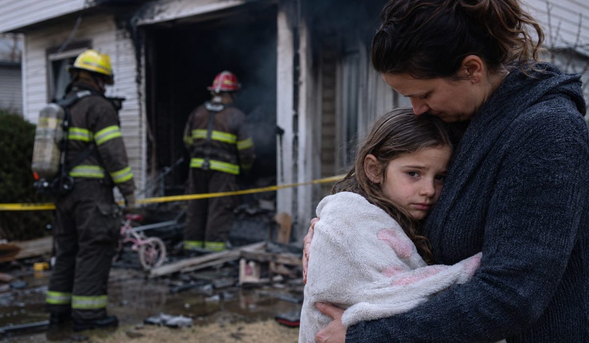 Enfant protégée par sa mère devant une maison endommagée par un incendie avec des pompiers en intervention