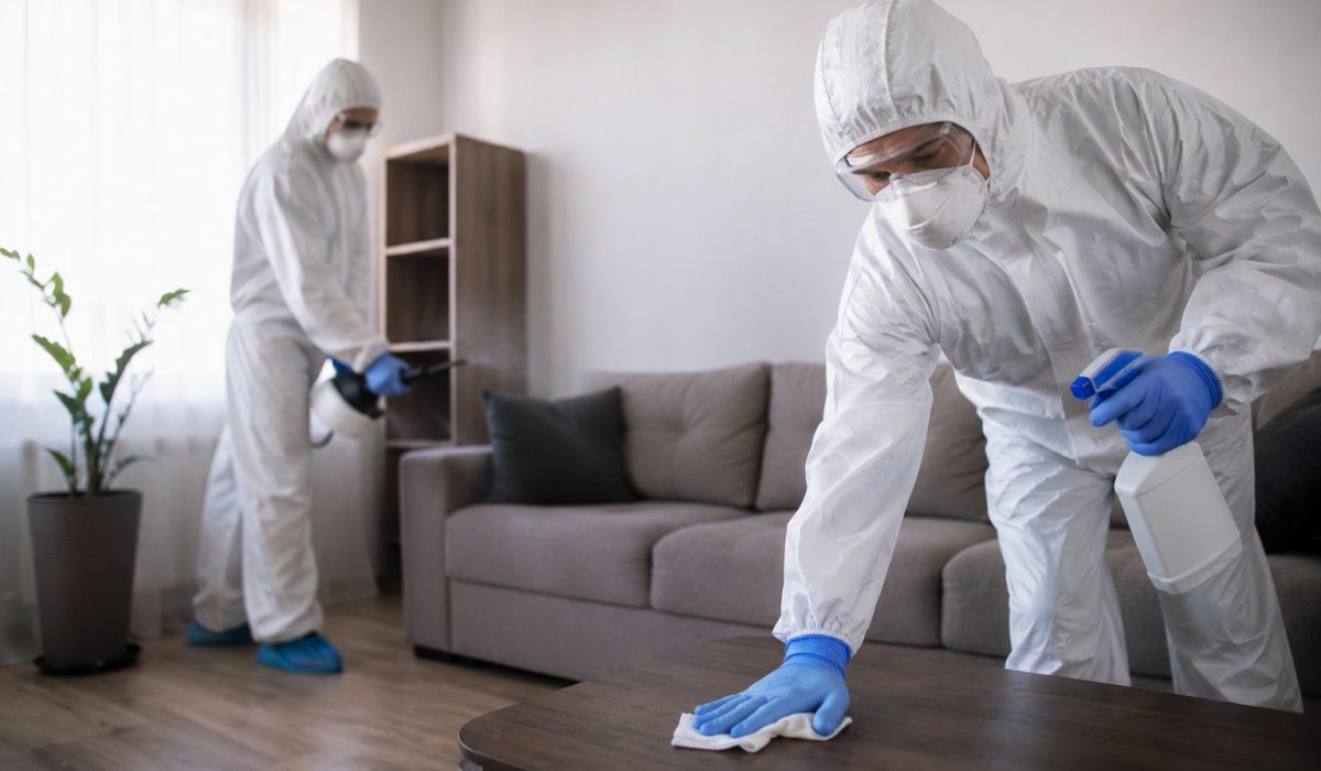 Professionnels en combinaison désinfectant un salon après un décès pour sécuriser le logement et protéger la famille