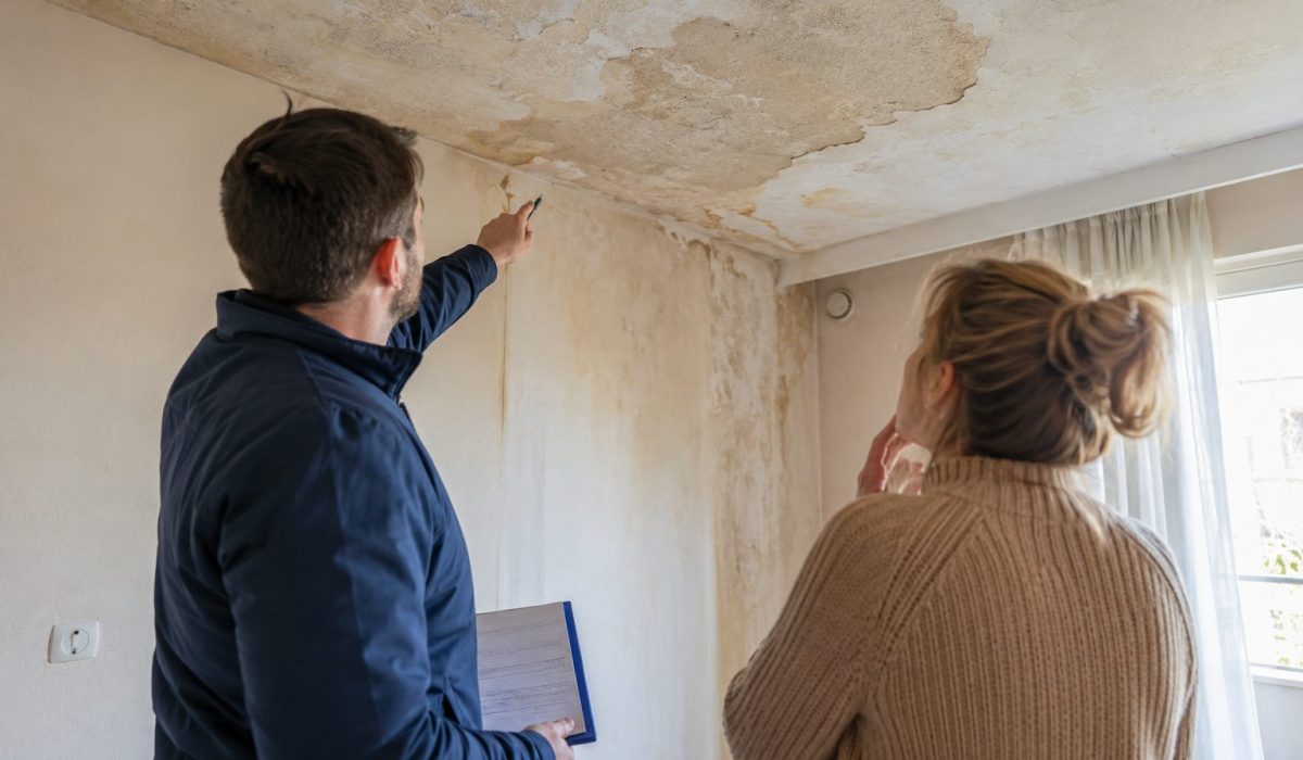Expert d’assurance inspectant un plafond endommagé par un dégât des eaux avec une occupante du logement