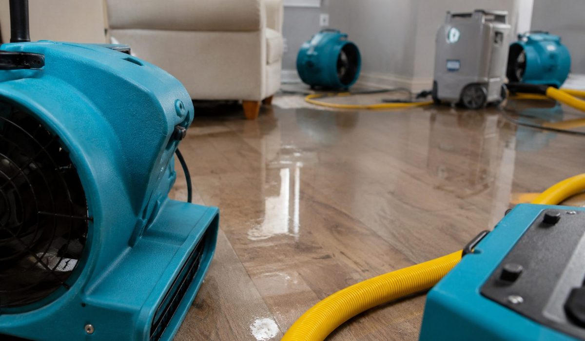 Équipements professionnels de séchage installés dans un salon après un dégât des eaux avec sol humide