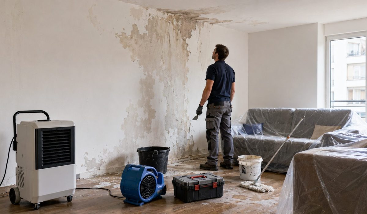 Professionnel inspectant un mur abîmé par l’humidité dans un logement en cours de remise en état après un dégât des eaux
