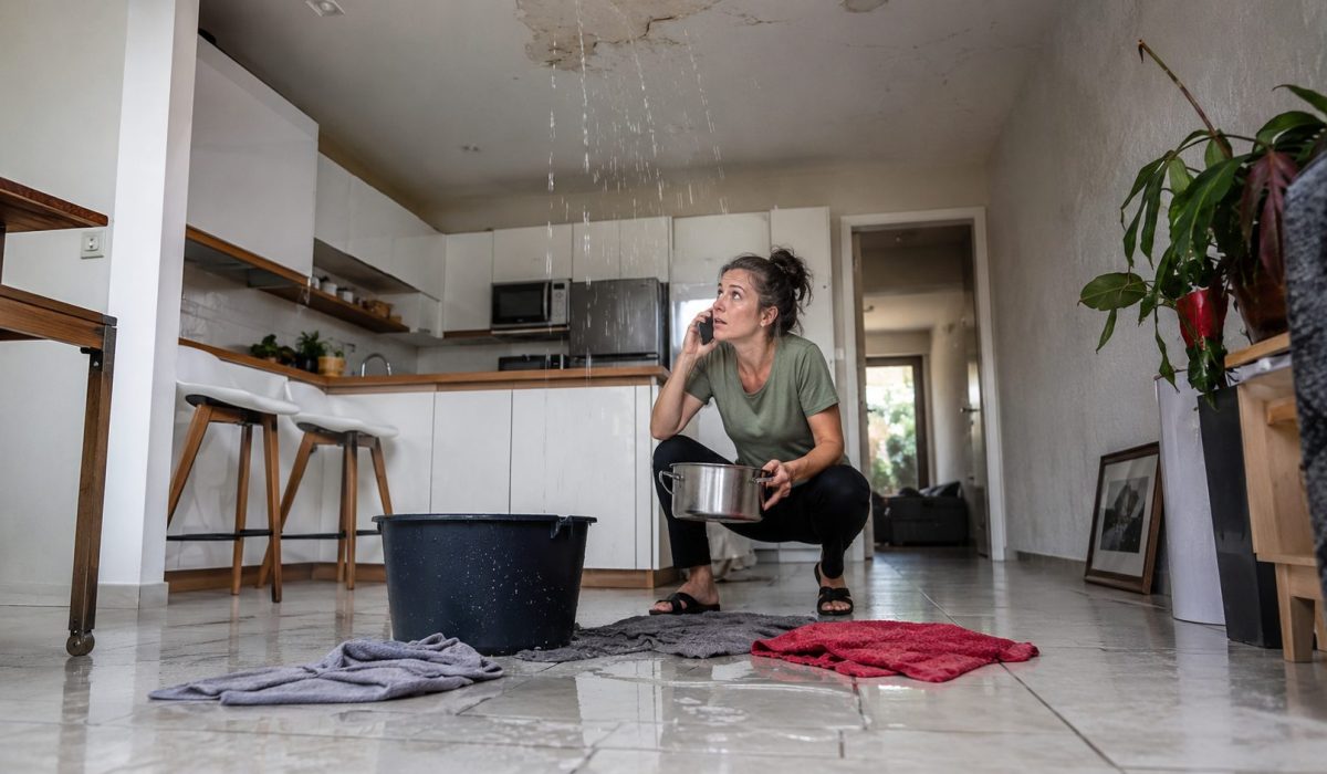 Femme réagissant rapidement à un dégât des eaux avec une fuite au plafond, un seau au sol et des serviettes pour limiter les dommages dans un logement