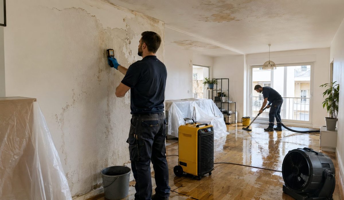 Techniciens réalisant une intervention après un dégât des eaux avec contrôle d’humidité, assèchement et nettoyage d’un appartement
