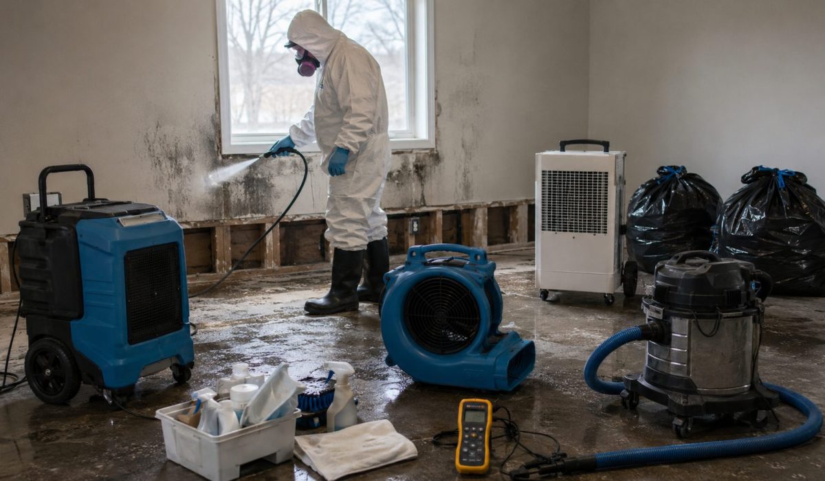 Technicien en combinaison de protection utilisant un pulvérisateur de désinfection dans une pièce sinistrée avec déshumidificateur, purificateur d’air, ventilateur professionnel et aspirateur industriel.