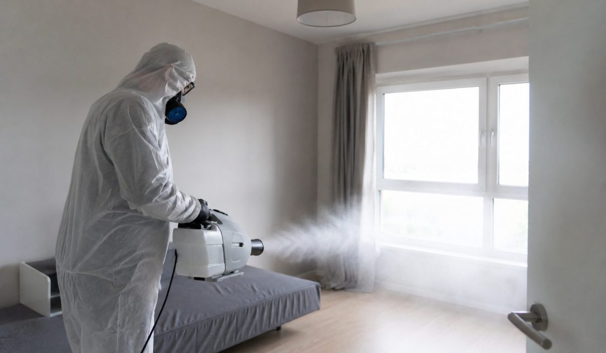 Technicien en combinaison de protection désinfectant une pièce pour retrouver un air sain après un nettoyage après décès