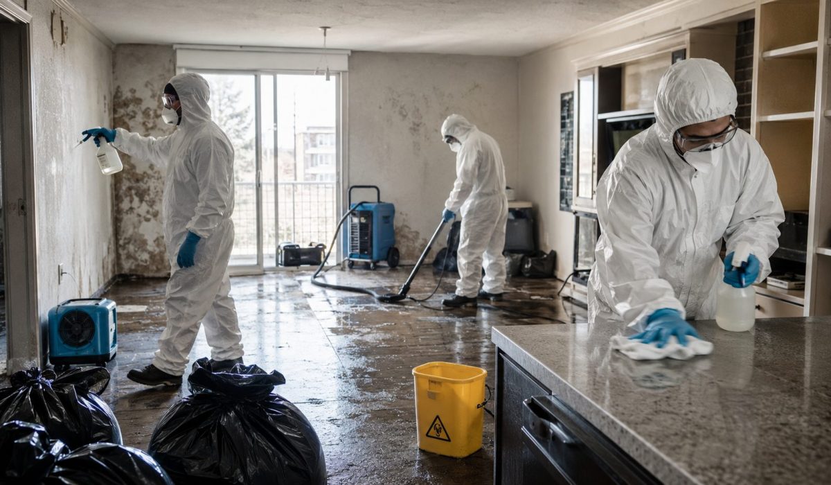 Équipe professionnelle en combinaison de protection réalisant une désinfection complète après sinistre dans un appartement endommagé par l’eau