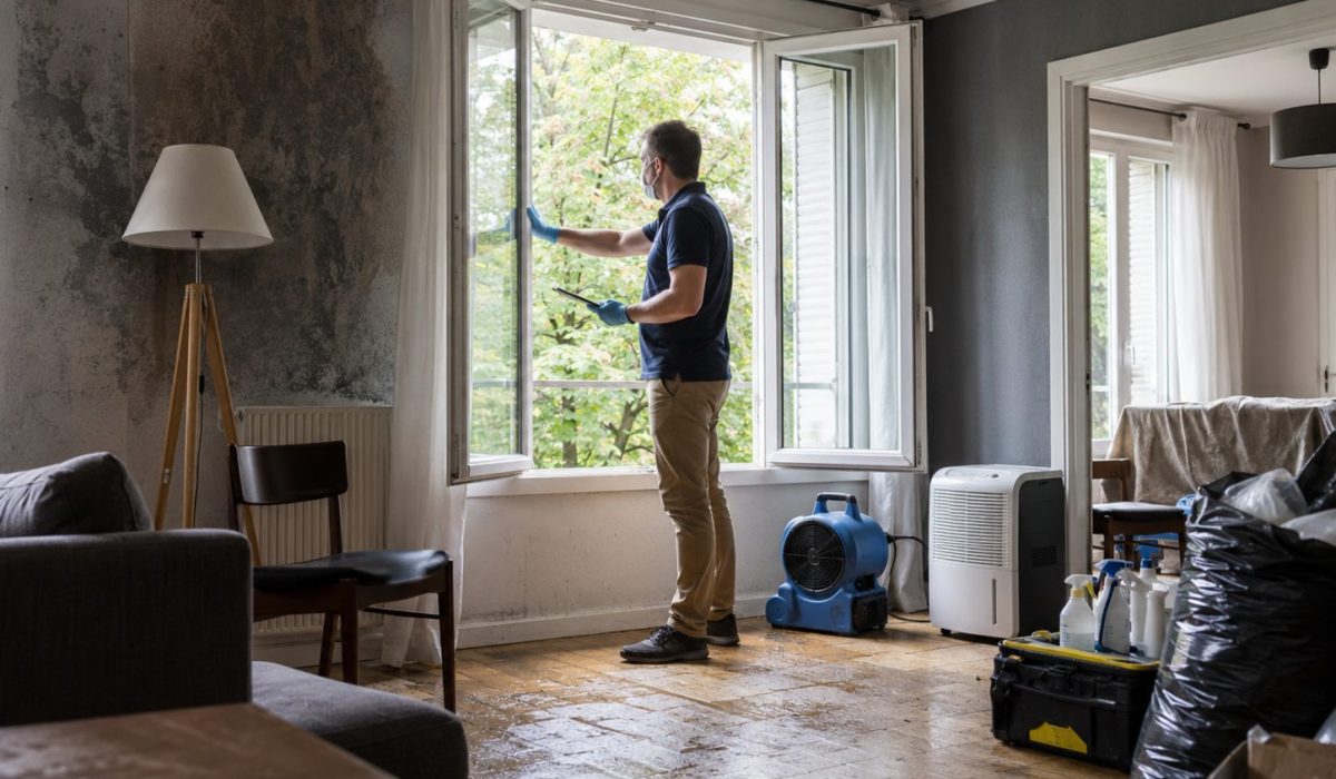 Technicien inspectant et aérant un logement après une désinfection consécutive à un sinistre