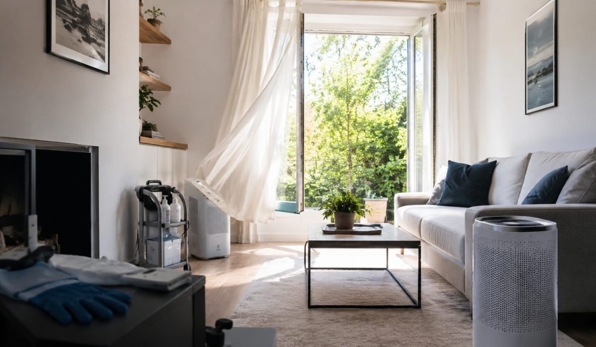 Intérieur lumineux et assaini après une désinfection après sinistre avec purificateur d’air, déshumidificateur et fenêtre ouverte