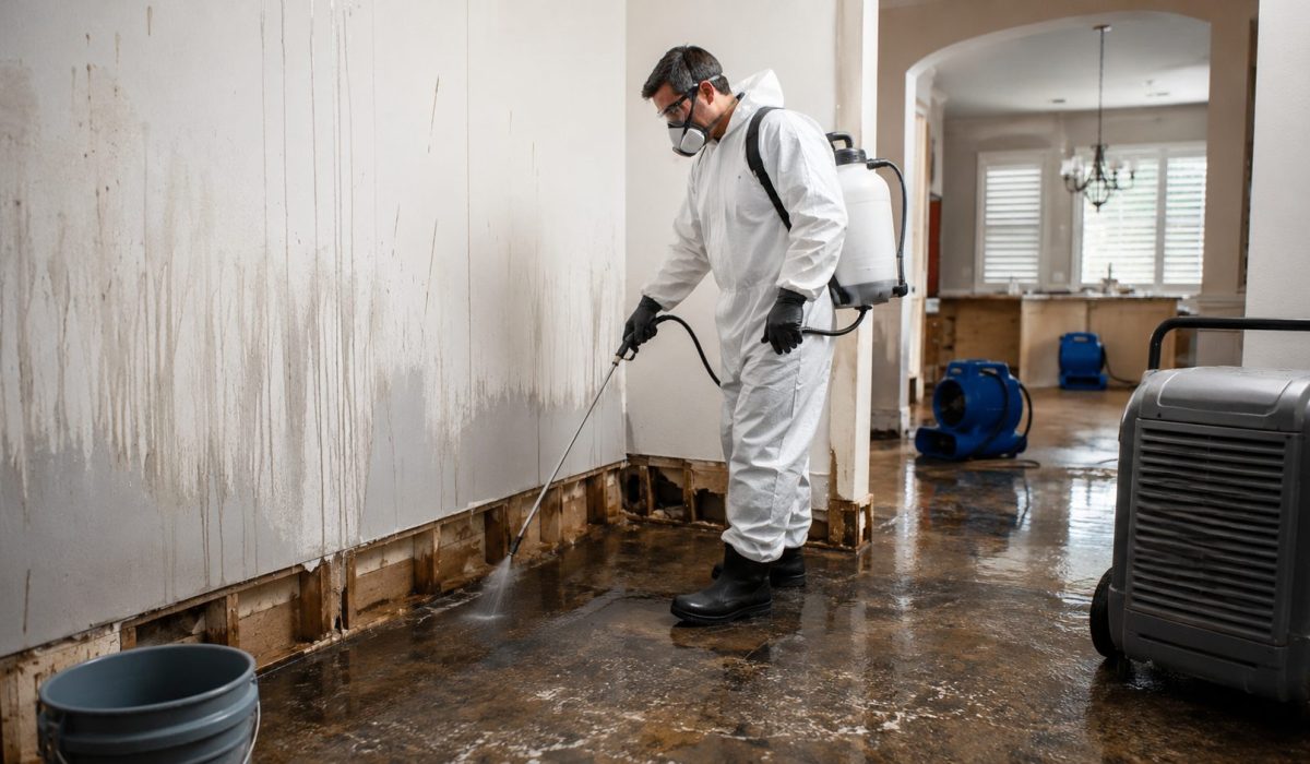 Technicien en combinaison de protection désinfectant une pièce humide après un dégât des eaux