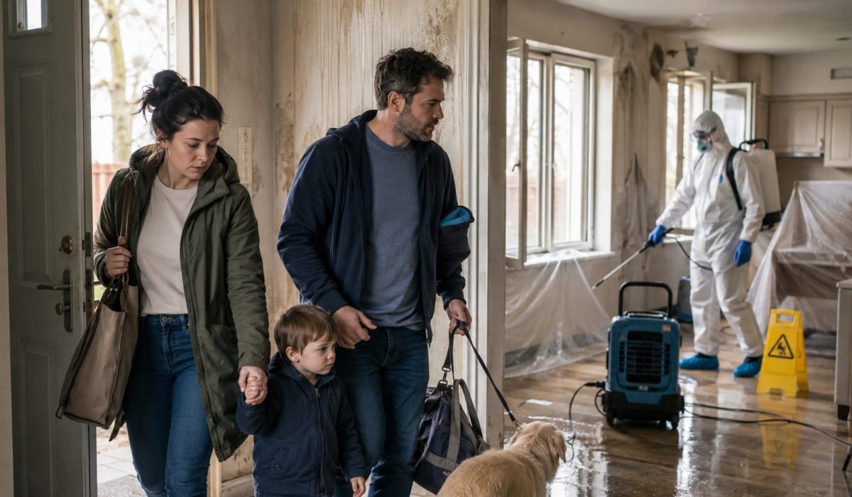 Famille quittant son logement pendant une désinfection après sinistre réalisée par un professionnel équipé