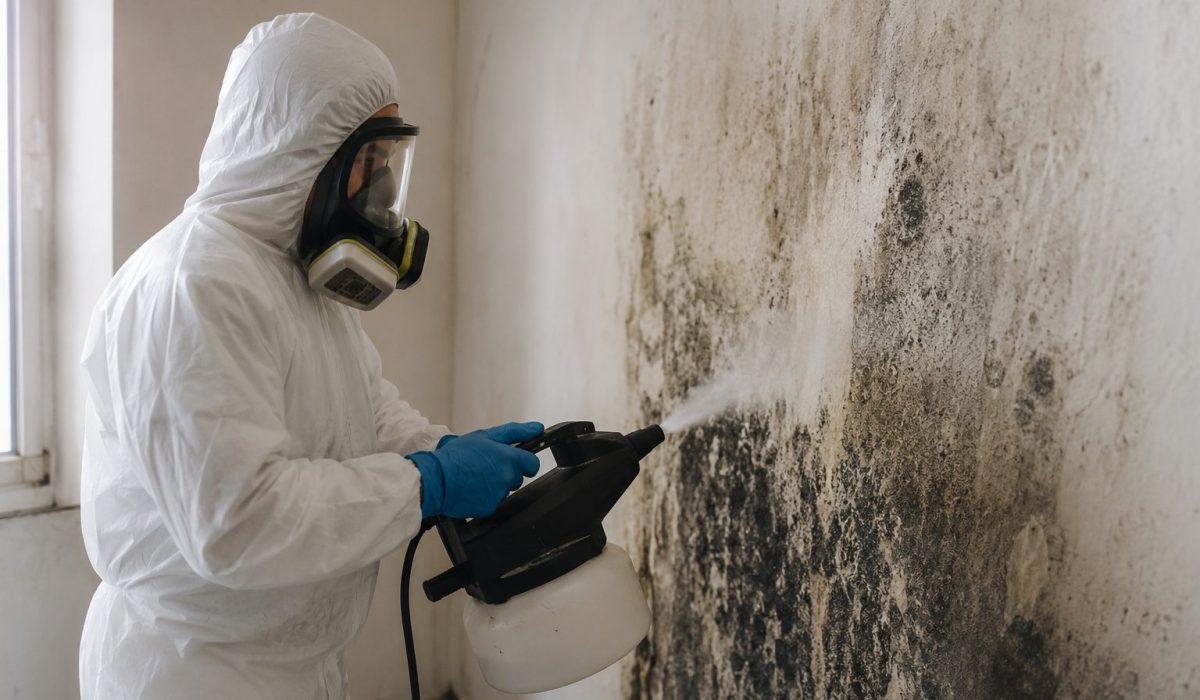 Technicien en combinaison de protection désinfectant un mur contaminé par des moisissures dans un logement