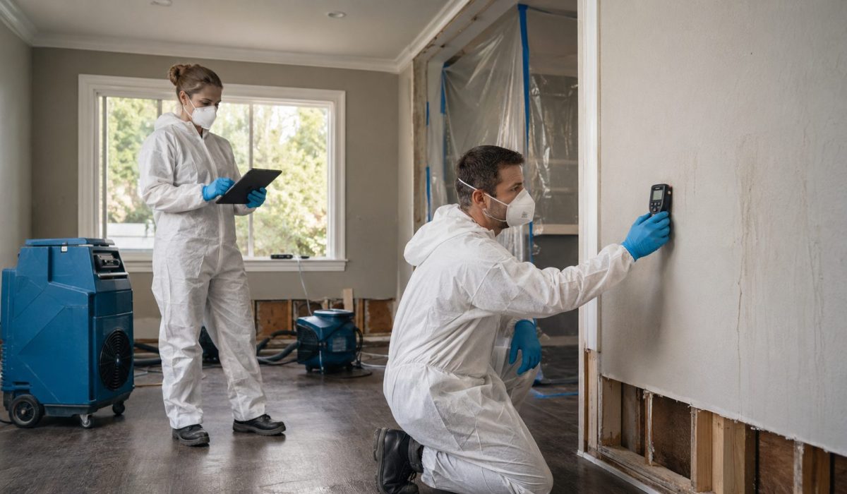 Experts en combinaison de protection réalisant un contrôle d’humidité après une désinfection après sinistre dans un logement endommagé