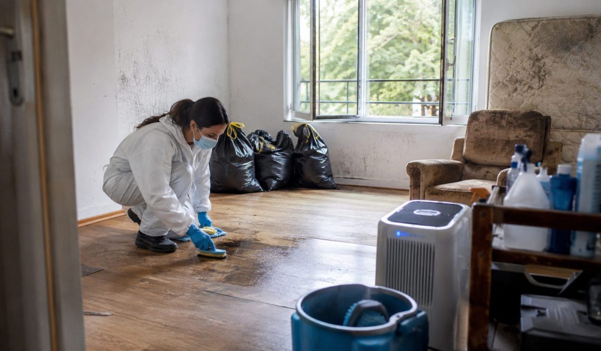 Professionnelle du nettoyage désinfectant un logement après un syndrome de Diogène pour éliminer les mauvaises odeurs