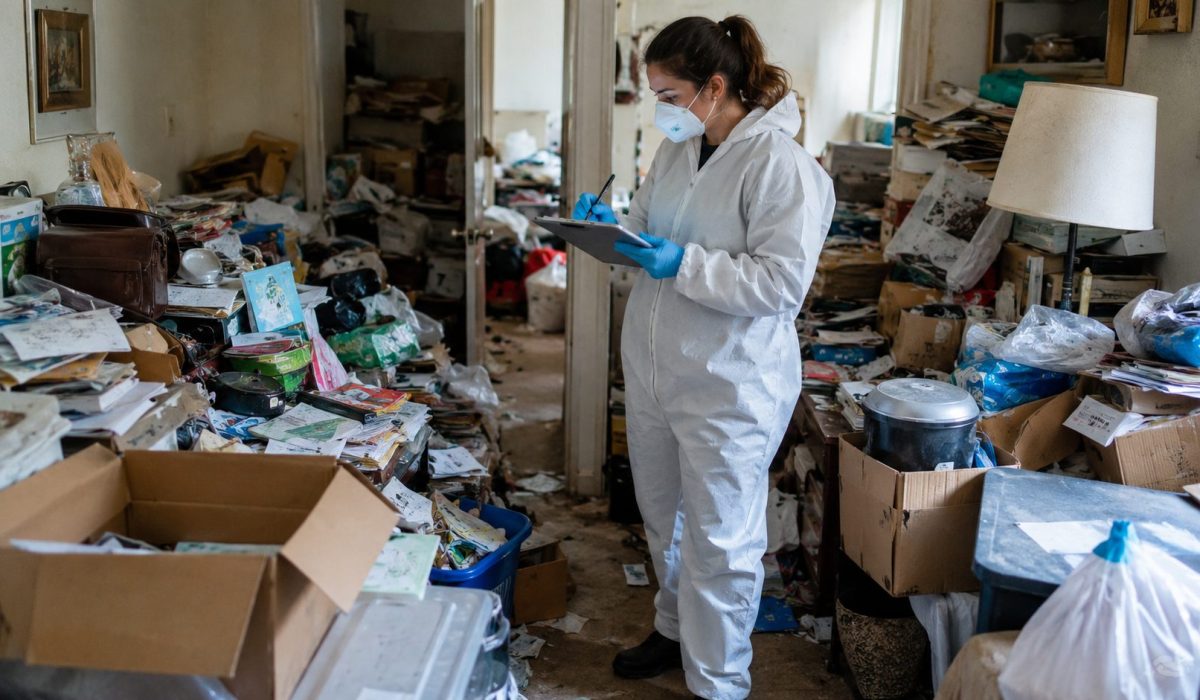 Professionnelle en combinaison de protection évaluant un logement encombré après un syndrome de Diogène pour établir un devis de nettoyage et débarras.