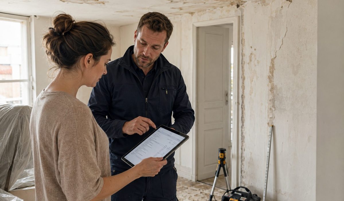 Expert bâtiment présentant un devis après un dégât des eaux dans un logement avec plafond et murs endommagés par l’humidité