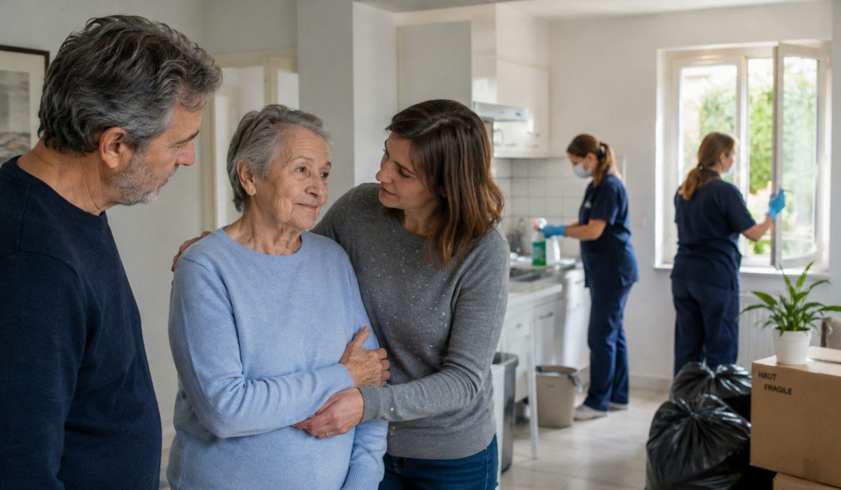 Famille accompagnant une personne âgée dans un logement assaini après une situation de syndrome de Diogène