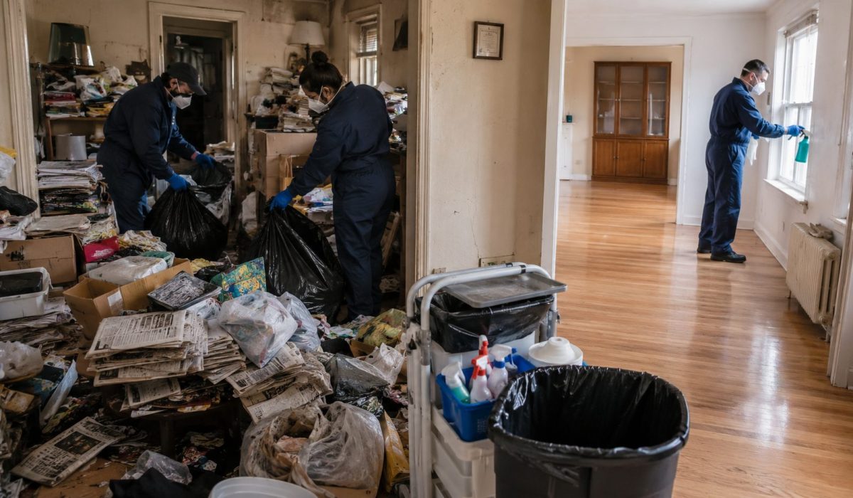 Équipe de professionnels nettoyant et désinfectant un logement très encombré après un syndrome de Diogène