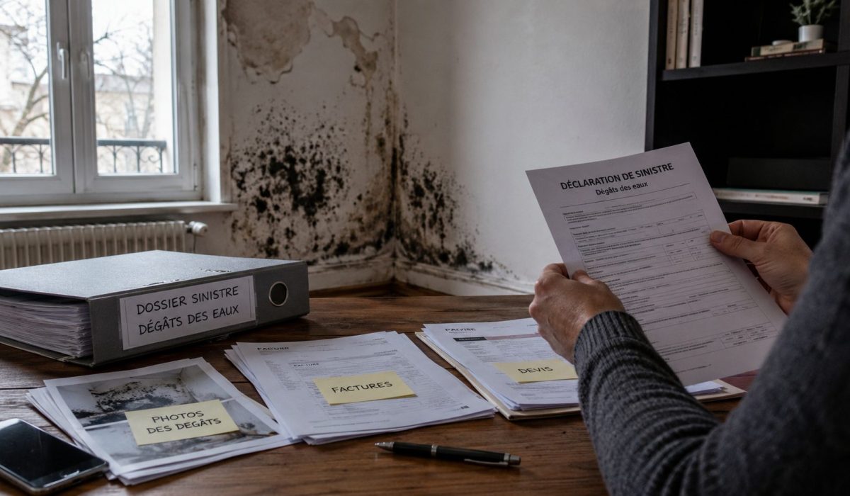 Documents d’assurance, factures, devis et photos de dégâts posés sur une table devant un mur touché par des moisissures après un dégât des eaux.
