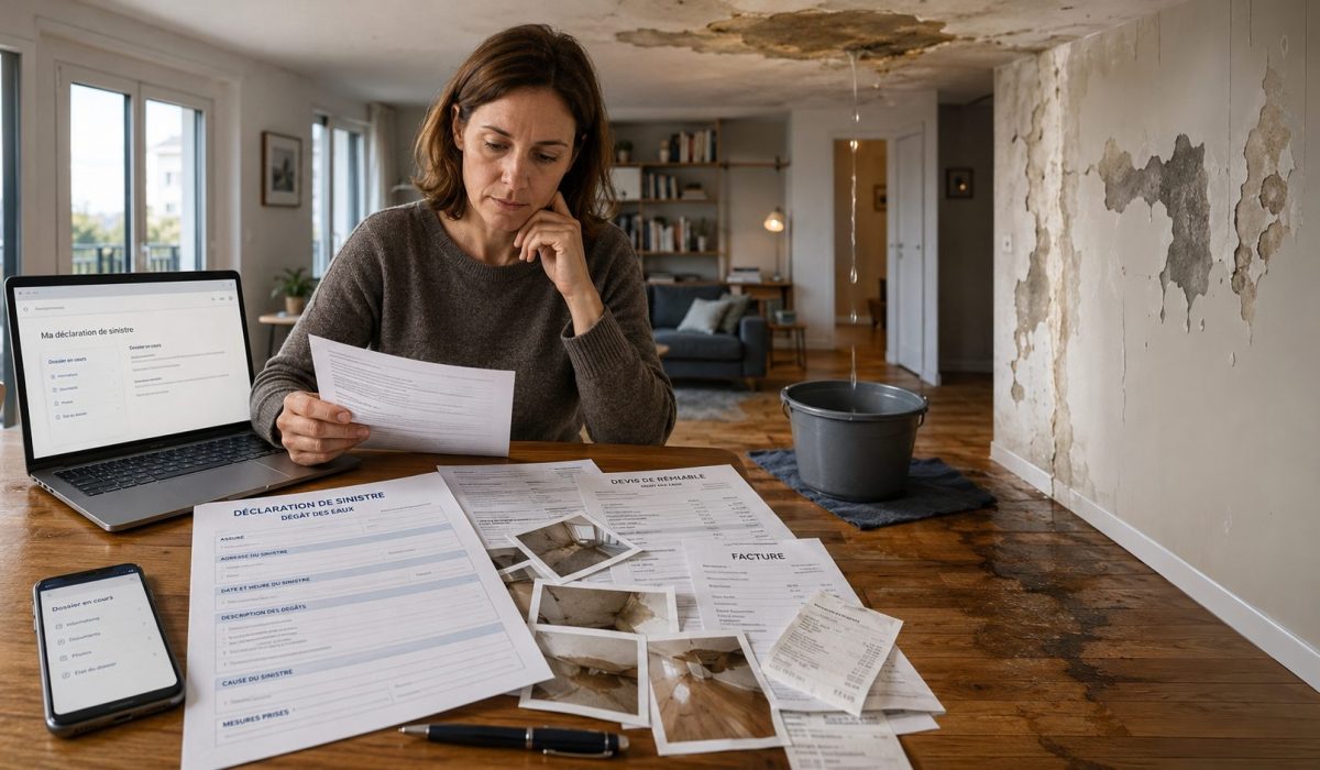Personne préparant les documents à envoyer à l’assurance après un dégât des eaux dans un logement endommagé par une fuite