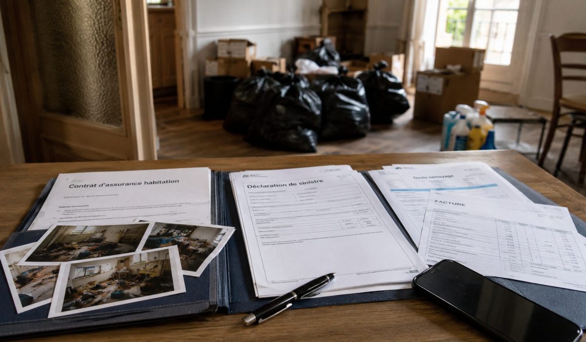 Documents à envoyer à l’assurance après un syndrome de Diogène avec photos, devis, factures et dossier de sinistre sur une table