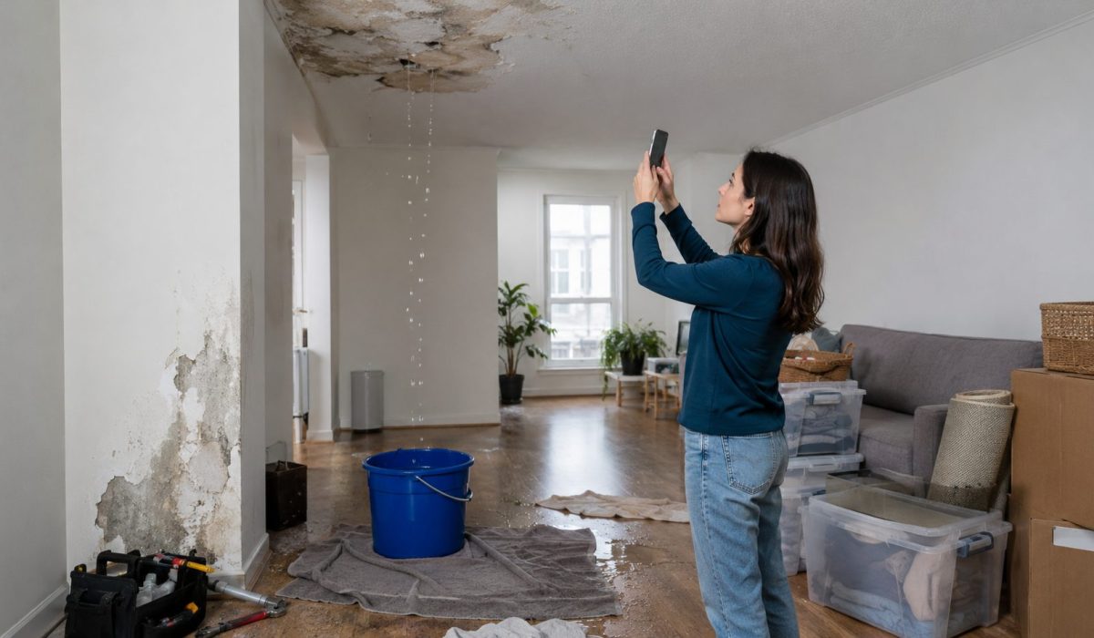Femme photographiant un plafond abîmé par une fuite d’eau dans un salon après un dégât des eaux