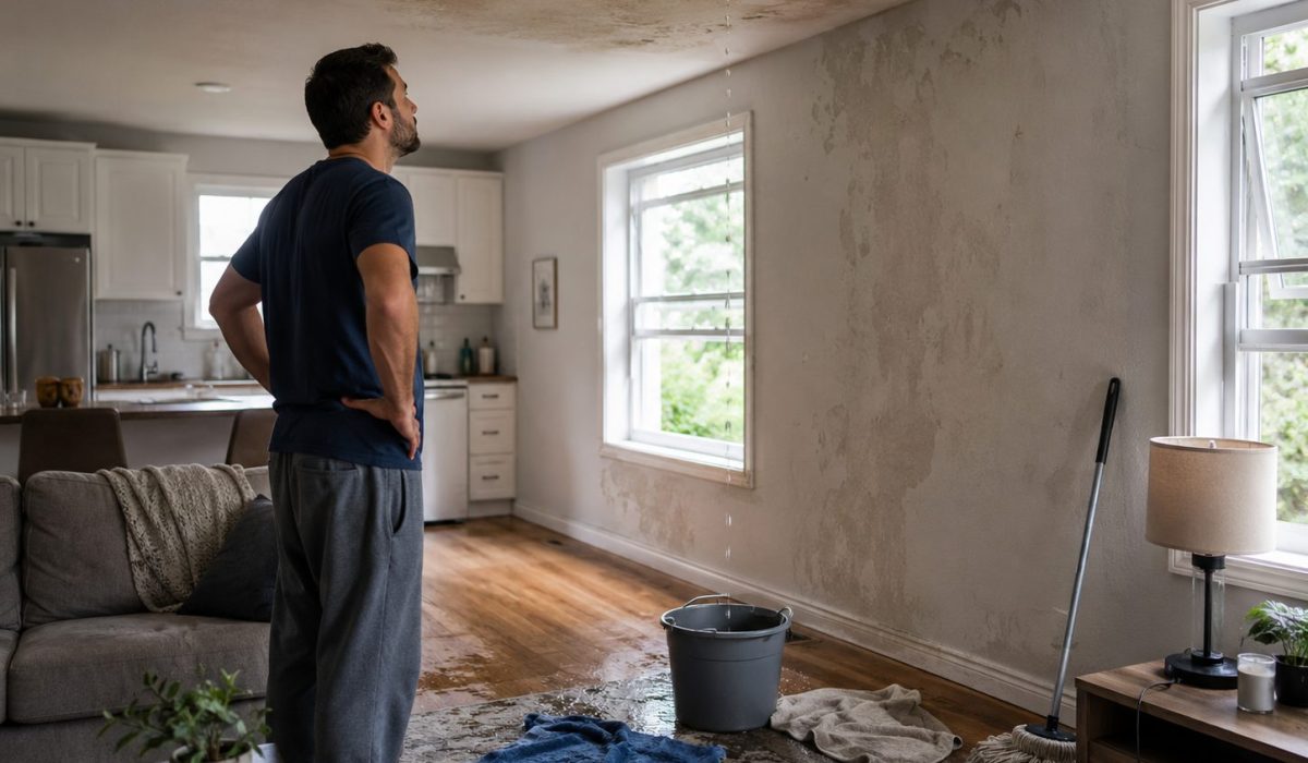 Homme observant un plafond abîmé par un dégât des eaux dans son logement avec un seau posé au sol pour recueillir les gouttes.