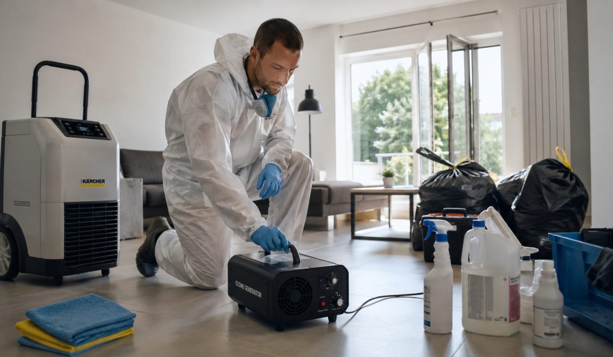 Professionnel du nettoyage après décès utilisant un équipement de désodorisation pour éliminer les mauvaises odeurs dans un logement assaini
