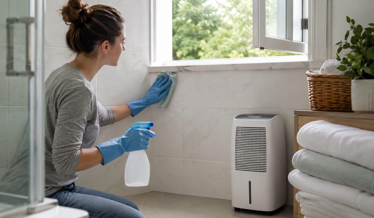 Femme nettoyant un mur de salle de bain après des moisissures pour éliminer les mauvaises odeurs et assainir l’air intérieur