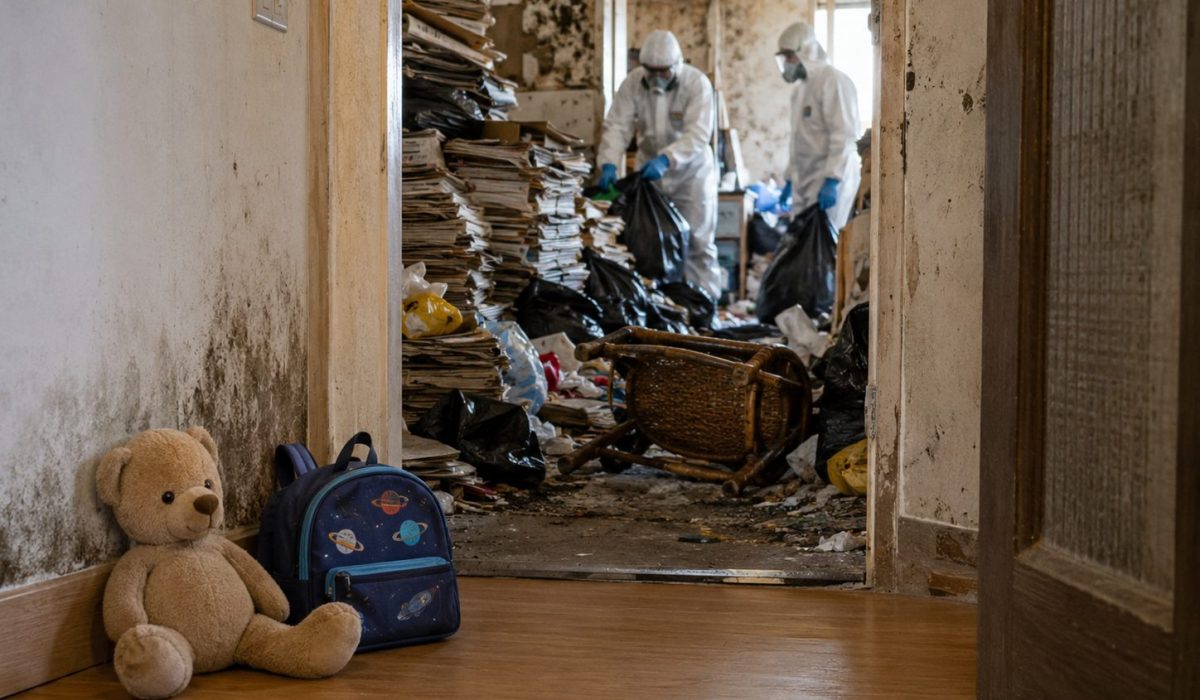 Appartement insalubre après un syndrome de Diogène avec jouet d’enfant, sac d’école, déchets accumulés, moisissures et professionnels en nettoyage spécialisé