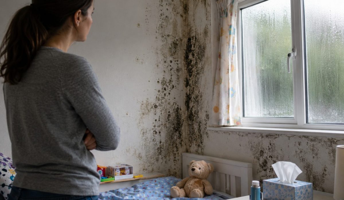 Enfant exposé aux dangers des moisissures dans une chambre humide avec mur noirci et condensation