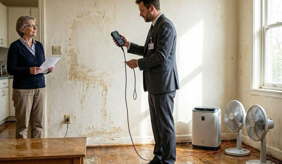 Technicien de nettoyage professionnel évaluant l’humidité dans un logement après un dégât des eaux