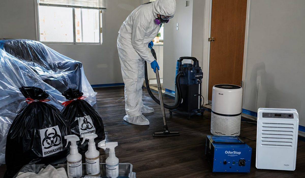 Technicien en combinaison de protection utilisant du matériel professionnel pour un nettoyage après décès dans un logement