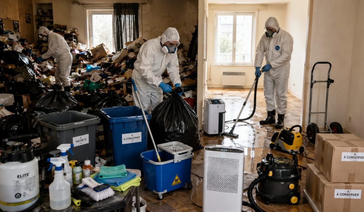 Équipe de nettoyage spécialisée utilisant des équipements de protection, sacs de tri, aspirateurs professionnels et matériel de désinfection après un syndrome de Diogène